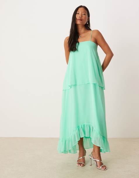 ASOS DESIGN - Petite - Midi cami-jurk met overlay en ruches in felgroen - view 1