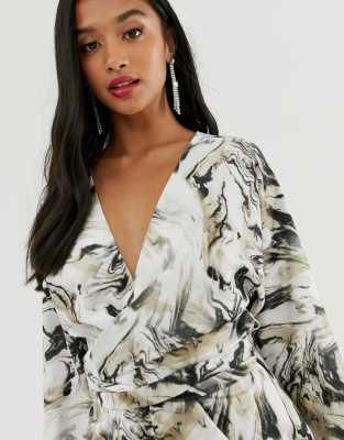 asos design mini dress with batwing sleeve and wrap waist in satin