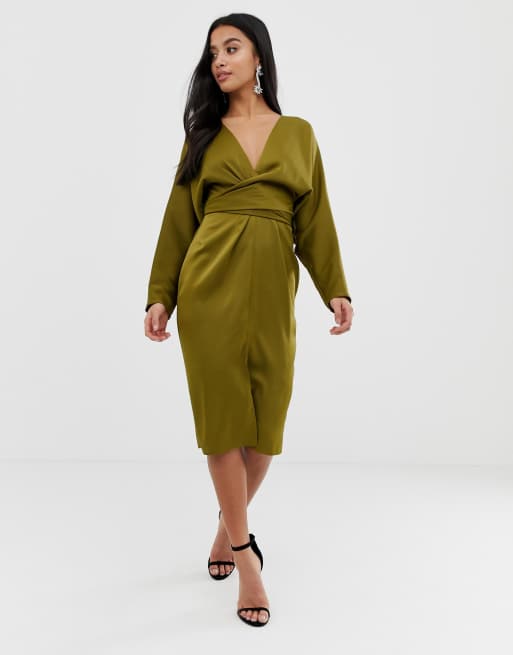 Asos design midi dress with batwing sleeve and wrap waist in satin sale