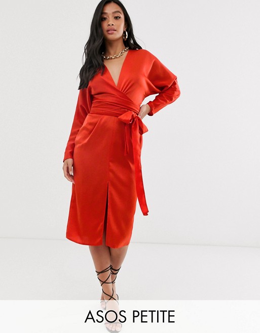 ASOS DESIGN Petite midi dress with batwing sleeve and wrap waist in satin