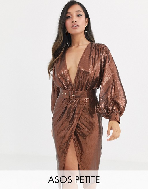 ASOS DESIGN Petite midi dress with blouson sleeve and belt in irridescent sheet sequin