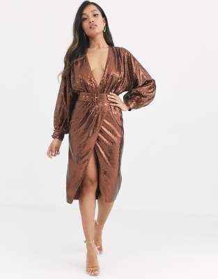 asos edition sequin midi dress with blouson sleeve