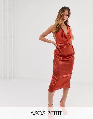 cowl play cowl neck satin midi dress in dark red