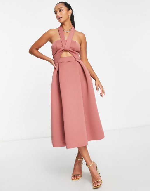 ASOS DESIGN Petite - Midi galajurk met gedraaide halternek en uitsnijding in roze, 4 van 4