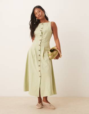 ASOS DESIGN Petite - Midi giletjurk met rechte hals en knopen in saliegroen - view 1