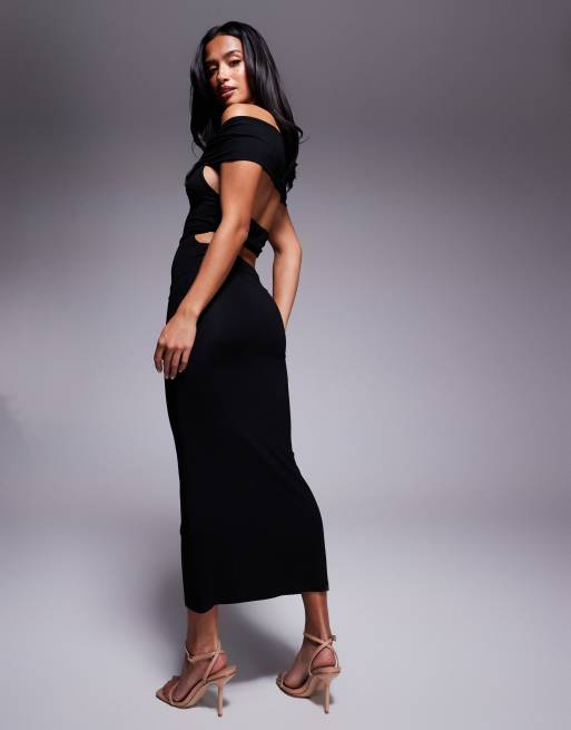 ASOS DESIGN Petite - Midi jurk met bardot halslijn en banden op de rug in zwart
