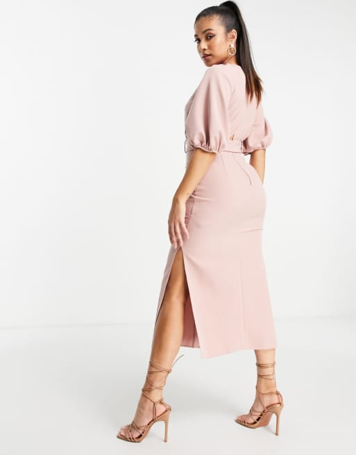 ASOS DESIGN Petite - Midi jurk met pofmouwen, knopen en riem in roze, 2 van 4
