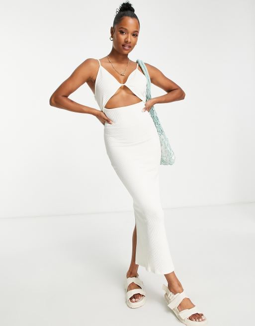 ASOS DESIGN Petite - Midi-jurk met uitgesneden buste en bandjes in crème, 3 van 4