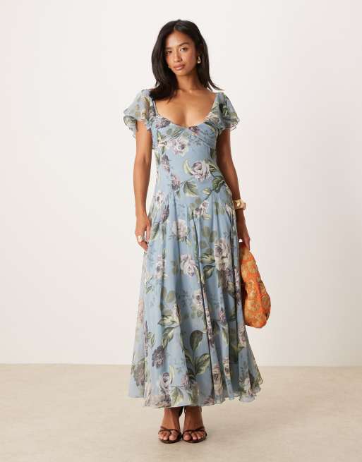 ASOS DESIGN Petite - Midi-jurk met verlaagde taille, wijde rok en vintage bloemenprint in blauw