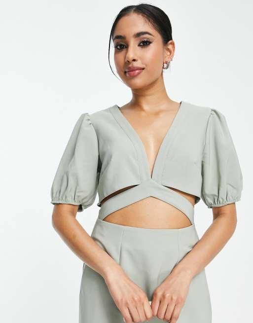 ASOS DESIGN Petite - Midi kokerjurk met uitsnijdingen in saliegroen, 2 van 4