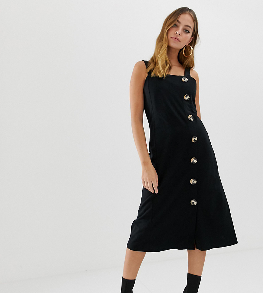 ASOS DESIGN Petite midi pinafore dress with large button detail-Black