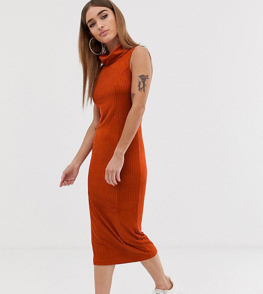 ASOS DESIGN Petite midi rib dress with high neck-Orange