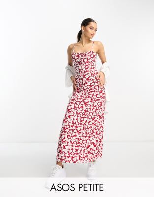 ASOS DESIGN Petite - Midi-Riemchenkleid in Rot mit geraffter Brustpartie und weißem Blumenmuster-Bunt