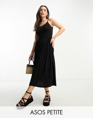 ASOS DESIGN Petite - Midi-Riemchenkleid in Schwarz mit U-Ausschnitt und seitlicher Ziernaht-Black