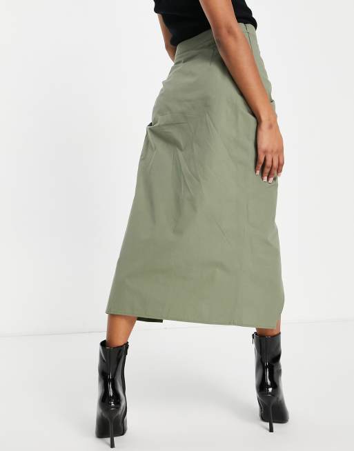 ASOS DESIGN Petite - Midi rok van katoen met gerimpelde zijkanten en split in kaki, 2 van 4