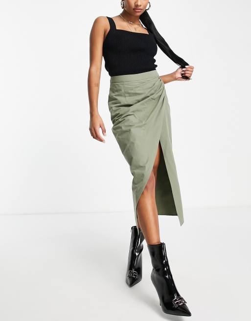 ASOS DESIGN Petite - Midi rok van katoen met gerimpelde zijkanten en split in kaki, 4 van 4