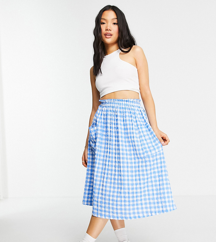 ASOS DESIGN Petite midi skirt with pocket detail in blue & white gingham print-Blues