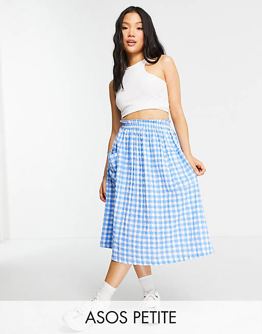 ASOS DESIGN Petite midi skirt with pocket detail in blue & white gingham print
