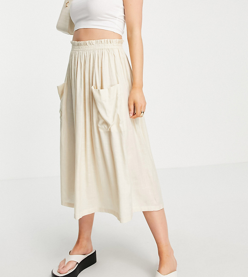 ASOS DESIGN Petite midi skirt with pocket detail in sand-Brown