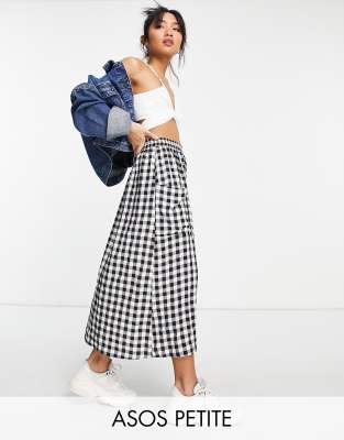 ASOS DESIGN Petite midi skirt with pocket detail in textured mono gingham print-Multi