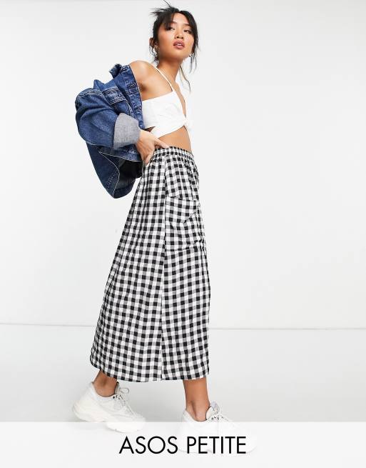 ASOS DESIGN Petite midi skirt with pocket detail in textured mono gingham print