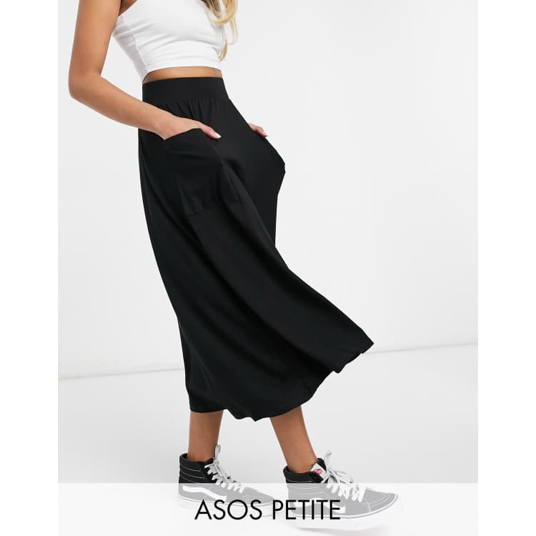 ASOS DESIGN Petite midi skirt with pockets in black | ASOS