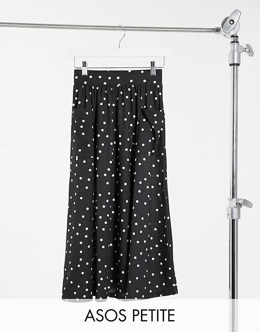 ASOS DESIGN Petite midi skirt with pockets in mono spot print