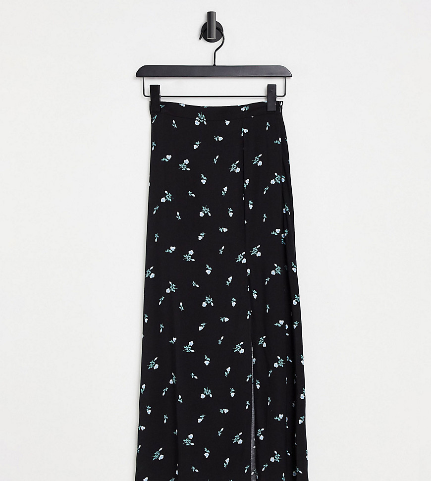 ASOS DESIGN Petite midi skirt with thigh slit in black floral print-Multi