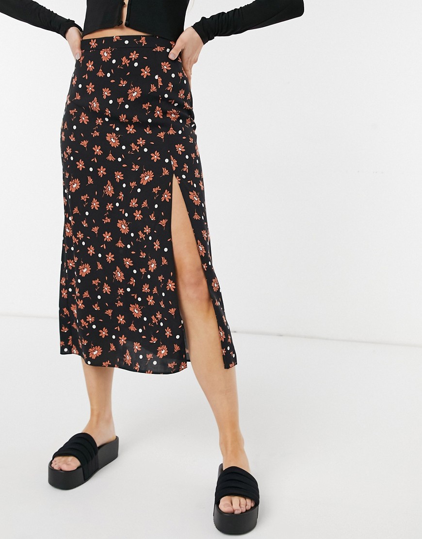 ASOS DESIGN Petite midi skirt with thigh slit in floral and dots print-Multi