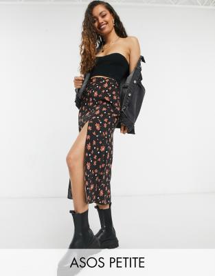 ASOS PETITE ASOS DESIGN PETITE MIDI SKIRT WITH THIGH SLIT IN FLORAL & DOTS PRINT-MULTI S1285