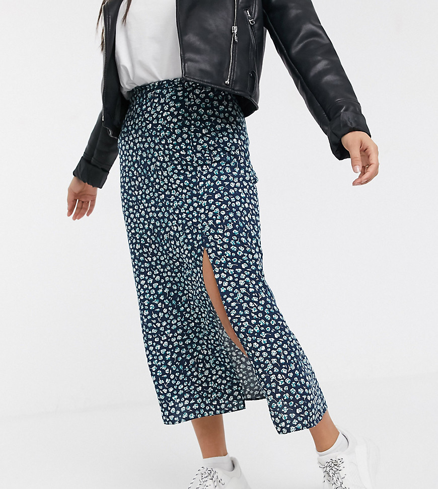 ASOS DESIGN Petite midi skirt with thigh split in ditsy floral print-Multi