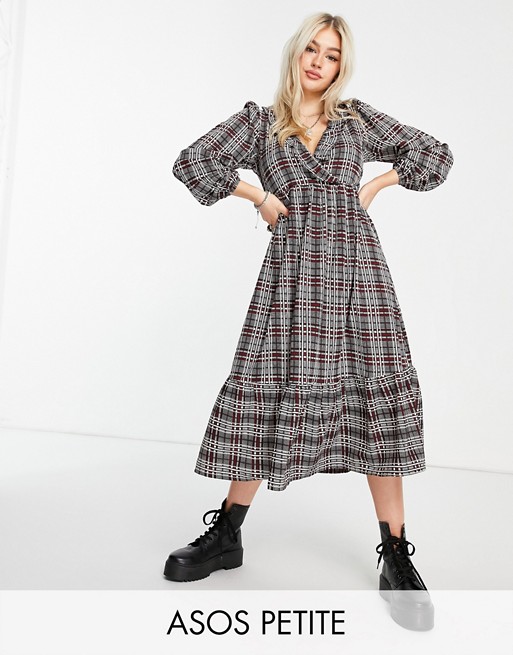 ASOS DESIGN Petite midi smock dress with frill neck and tiered hem in rust check print