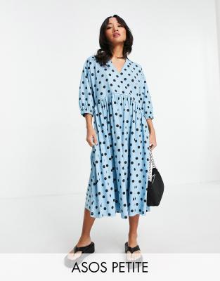 Asos Design Petite Midi Smock Dress With Wrap Top In Blue And Black Spot