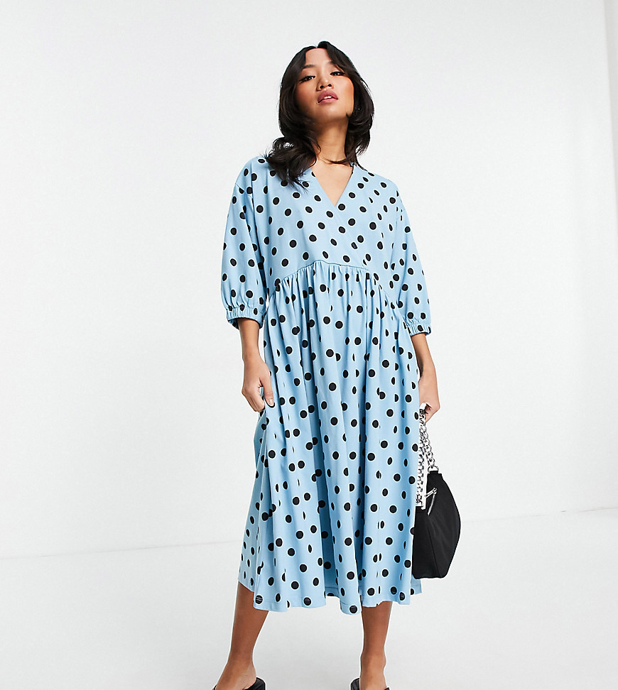 Asos Design Petite Midi Smock Dress With Wrap Top In Blue And Black Spot