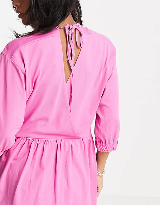 Women Petite midi smock dress with wrap top in pink 
