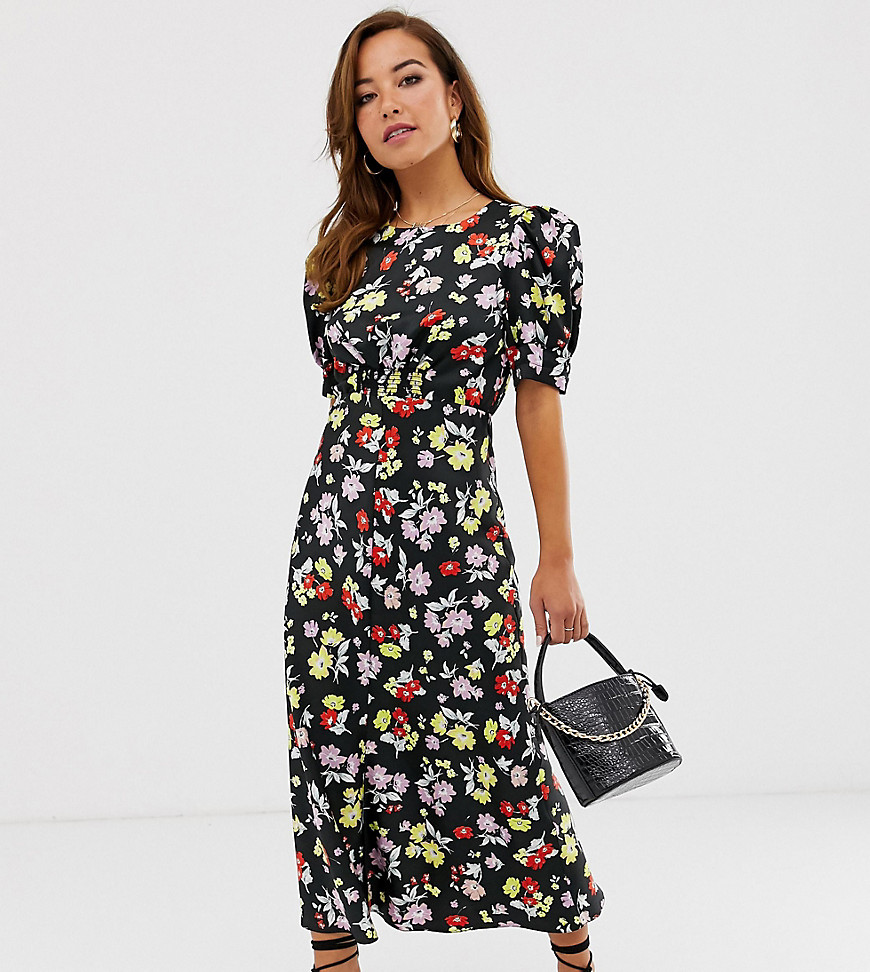 ASOS DESIGN Petite midi tea dress in bright grunge floral print-Multi