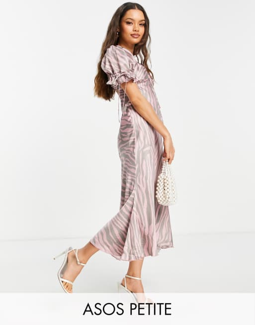 ASOS DESIGN Petite - Midi-teakjole med bindebånd foran og zebraprint i lyserød satin