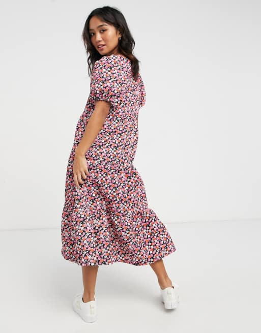 ASOS DESIGN Petite midi tiered smock dress in pink floral print