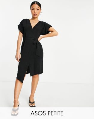 ASOS DESIGN Petite - Midi-Wickelkleid in Schwarz