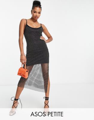 ASOS DESIGN Petite - Midikleid in Schwarz mit schmalen Trägern und durchgängigem Strassbesatz