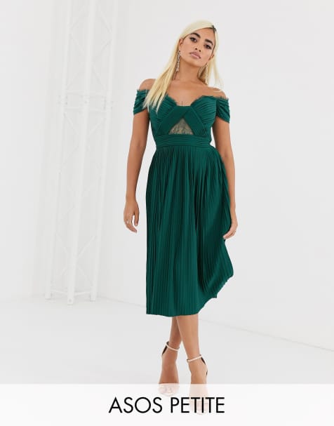 ASOS DESIGN Petite – Midikleid mit Carmenausschnitt, Spitzenbesatz und Falten