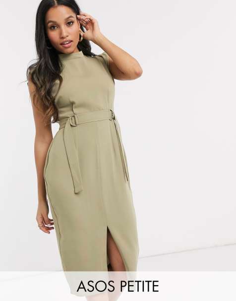 ASOS DESIGN Petite – Midikleid mit geschlitzten Flügelärmeln und D-Ring-Gürtel
