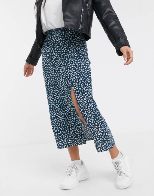 ASOS DESIGN Petite - Midirok met dijsplit in fijne bloemenprint