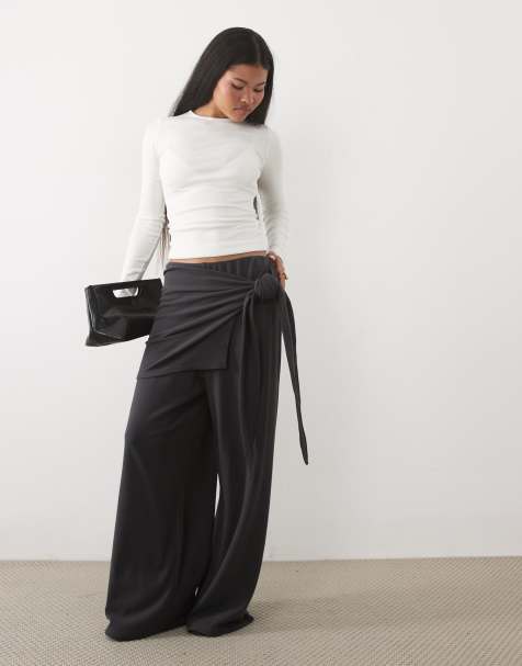 ASOS DESIGN Petite miękkie spodnie z szerokimi nogawkami i wiązaniem z boku w kolorze charcoal - view 1