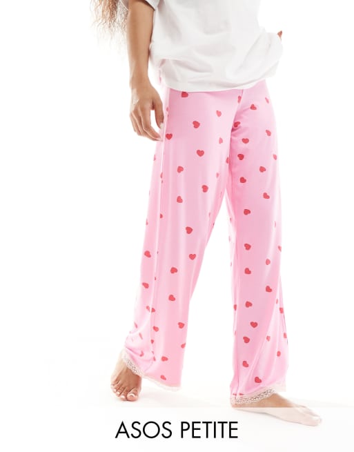 ASOS DESIGN Petite – Mieszaj i łącz – Różowe miękkie spodnie od piżamy we wzór w serca