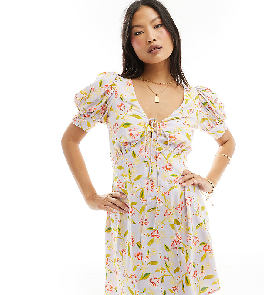 Asos Petite Asos Design Petite Milkmaid Tie Up Mini Dress In Lilac Print-multi