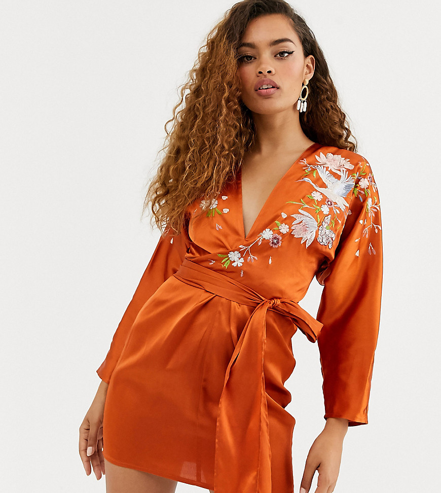 ASOS DESIGN Petite mini batwing dress with blossom floral embroidery-Orange