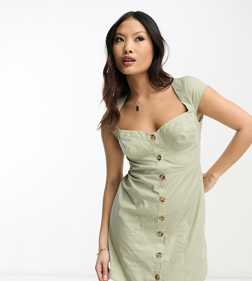 Asos Petite Asos Design Petite Mini Button Through Twill Dress With Cup Detail In Sage-green