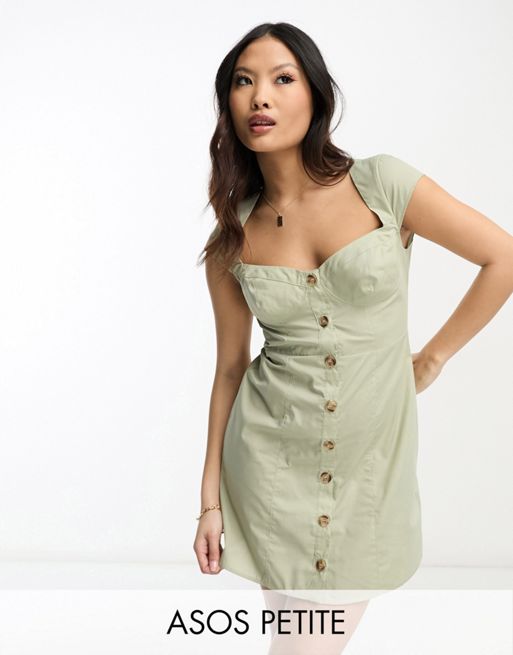 FhyzicsShops DESIGN Petite mini button through twill dress with cup detail in sage