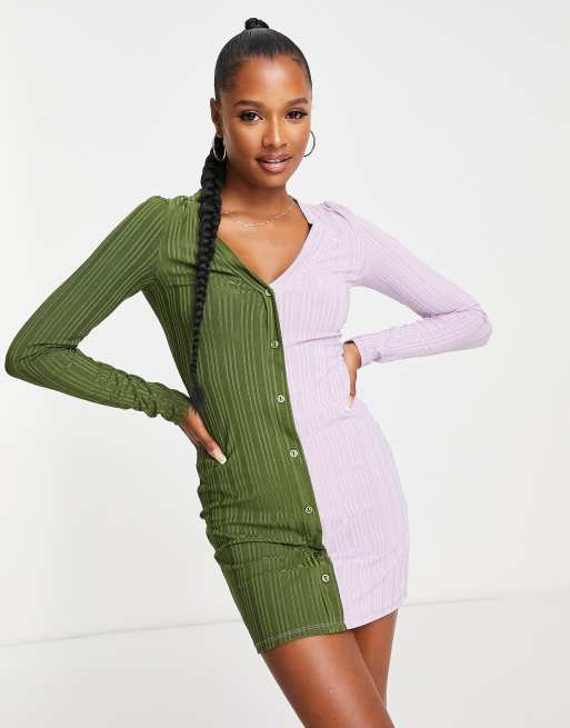 ASOS DESIGN Petite mini cardigan dress in lilac and khaki colour block